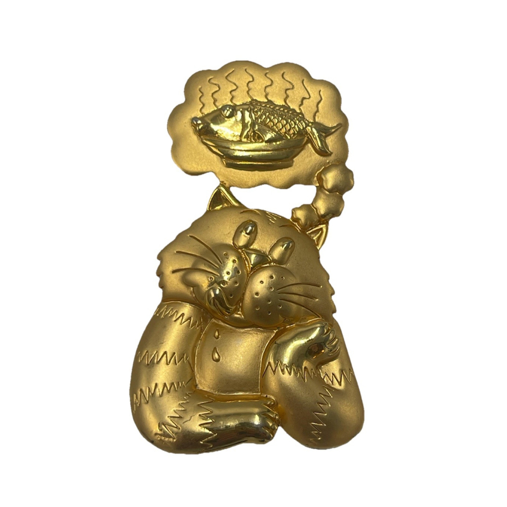 JJ Jonette Goldtone Cat VTG Pin Brooch All Day I Dream About Food Fish